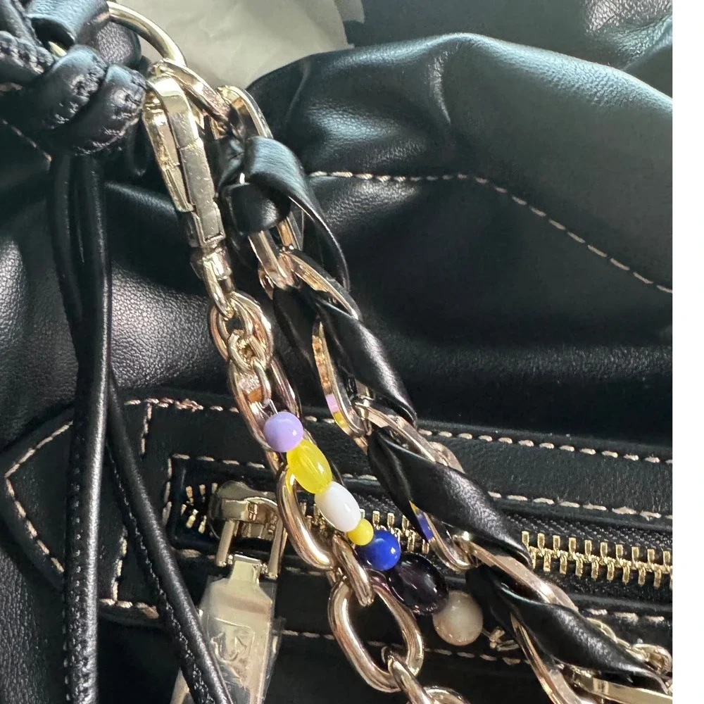 True Religion Black Faux Leather Multi Chain Strap Charm Gold Tonr Hobo Large